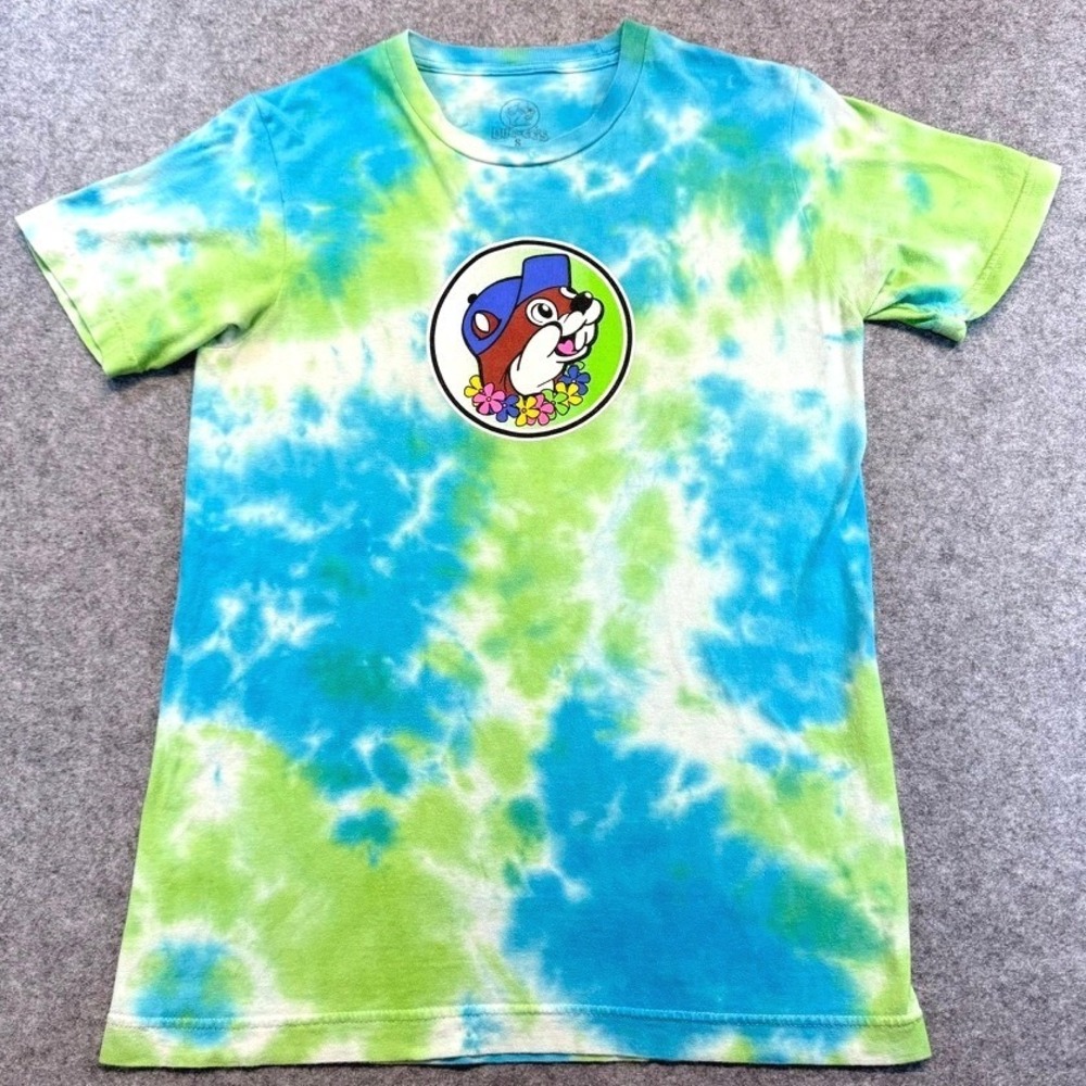 Buc-ee's Tie Dye Graphic T-Shirt Small Blue Green Leid Back Flamingo Texas Tee